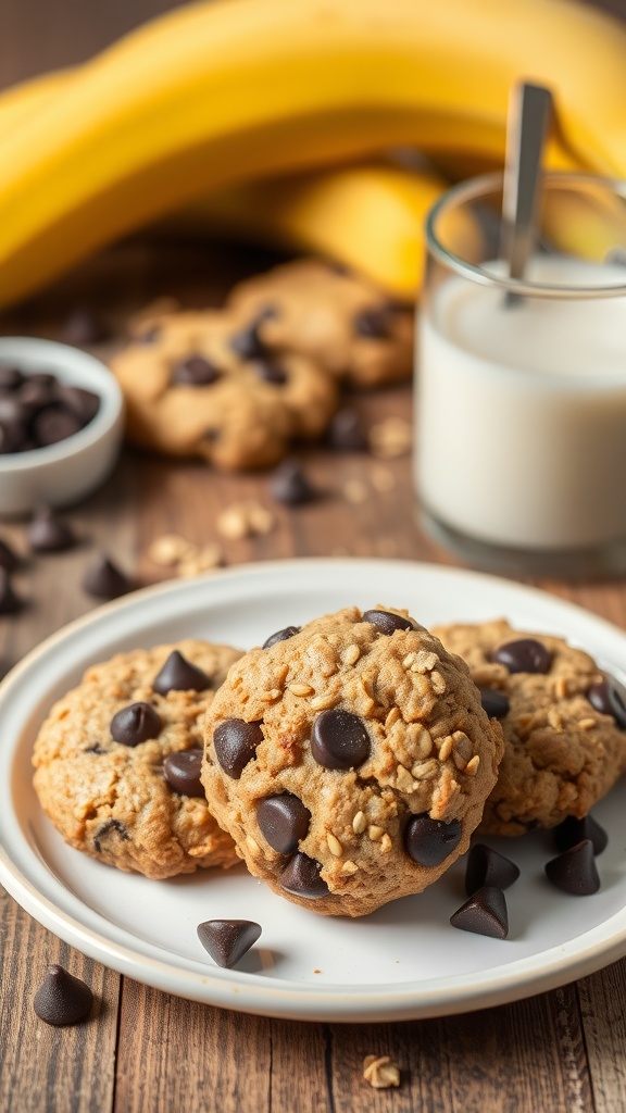 Delicious banana oatmeal cookies on a plate with chocolate chips