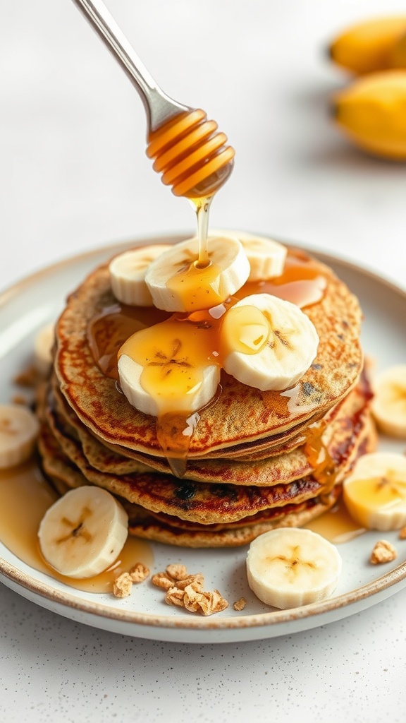 A stack of banana oatmeal pancakes drizzled with syrup and topped with banana slices.