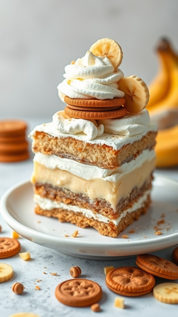 A slice of Banana Pudding Icebox Cake topped with whipped cream and banana slices.