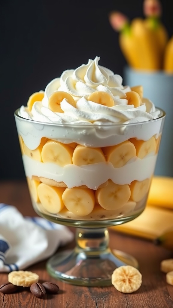 A delicious banana pudding trifle with layers of bananas, whipped cream, and vanilla wafers.
