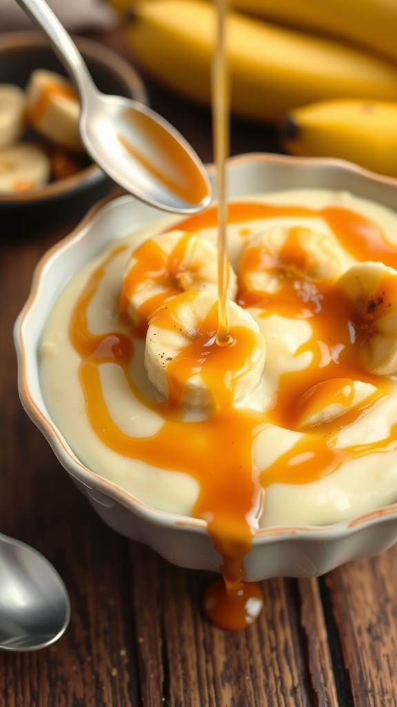 Delicious banana pudding topped with caramel sauce and banana slices.