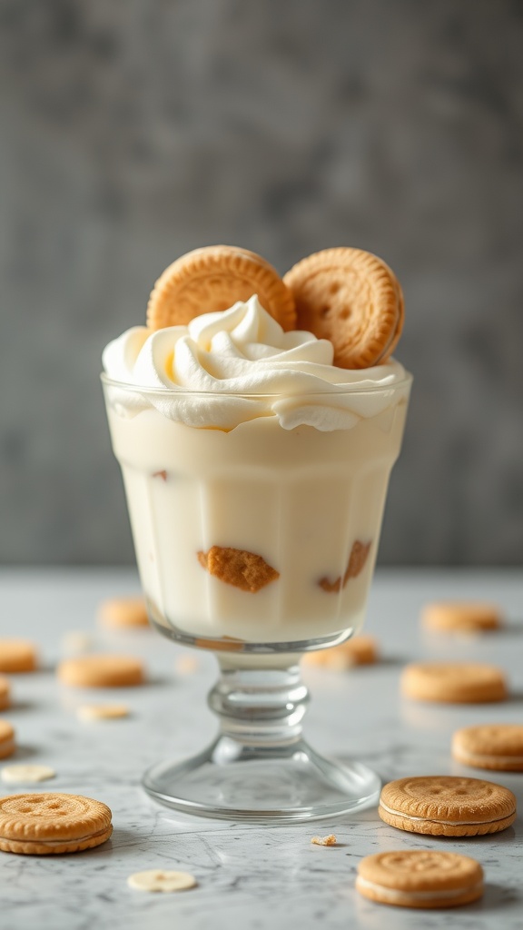 A serving of banana pudding with cream cheese topped with cookies