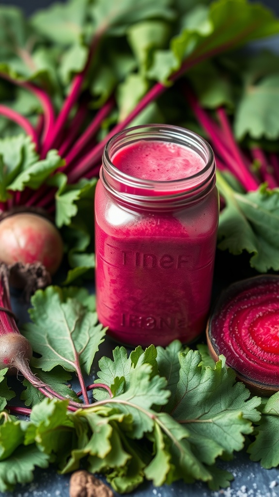 A vibrant beetroot smoothie with greens, served in a jar.