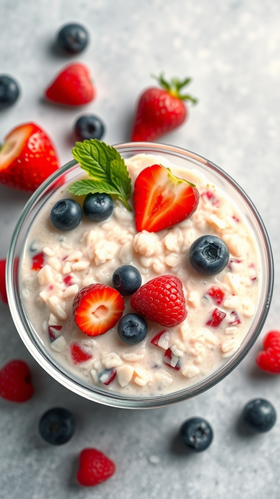 A bowl of berry-infused rice pudding topped with strawberries, blueberries, and raspberries.