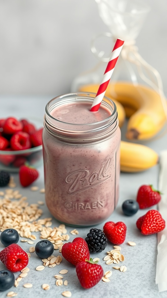 A delicious berry banana oat smoothie in a glass jar with a straw.