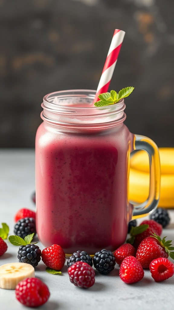 A delicious berry banana smoothie in a mason jar, surrounded by fresh raspberries, blackberries, and banana slices.