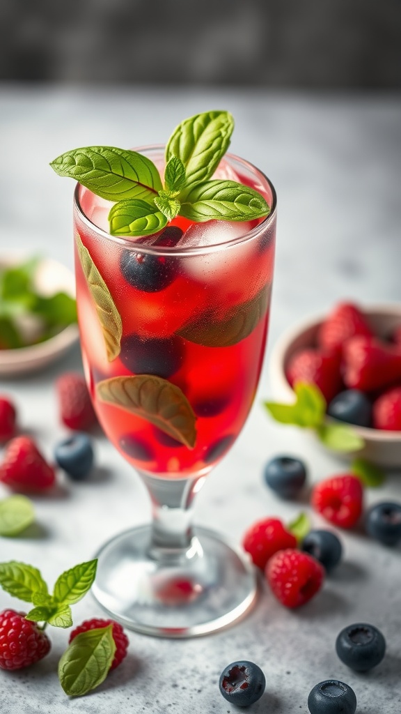 A refreshing berry basil fizz mocktail garnished with mint leaves, served in a tall glass.