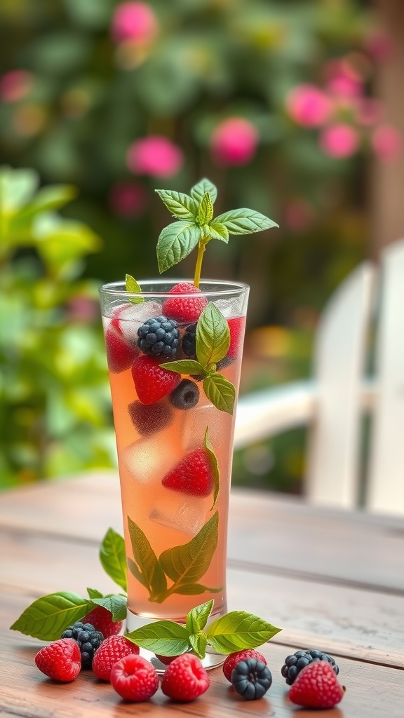 A refreshing Berry Basil Spritzer cocktail with fresh berries and basil leaves.