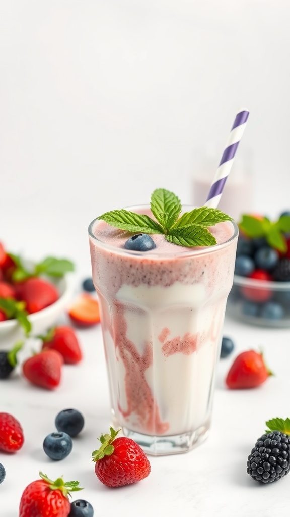 A refreshing berry smoothie topped with mint leaves, surrounded by fresh strawberries and blueberries.