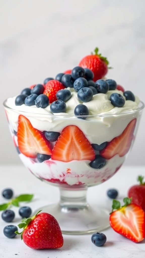A delicious berry trifle dessert with layers of strawberries, blueberries, and whipped cream.