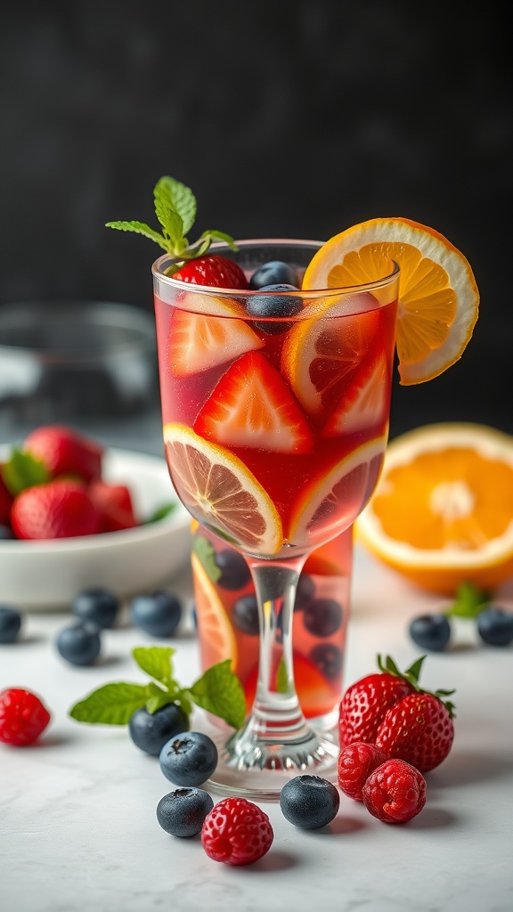 A refreshing glass of Berry Citrus Sangria garnished with strawberries, blueberries, and citrus slices.