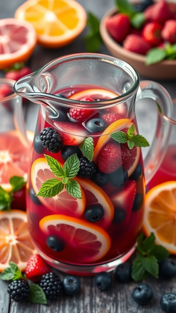 A refreshing Berry Citrus Splash punch in a glass pitcher with fresh berries and citrus slices.