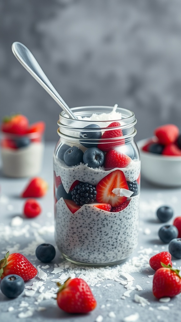 A jar of berry coconut chia pudding with fresh berries and coconut flakes.