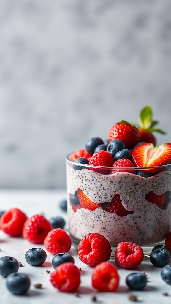 A delicious berry medley chia pudding topped with fresh strawberries, raspberries, and blueberries in a glass.