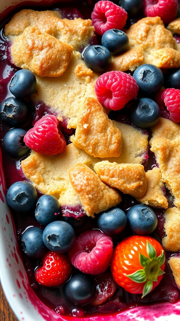 A delicious berry medley cobbler with blueberries, raspberries, and strawberries, topped with a golden-brown crust.