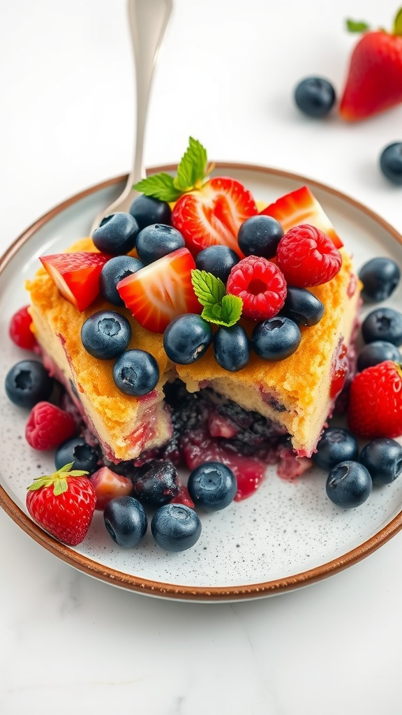 A slice of berry medley dump cake topped with fresh berries