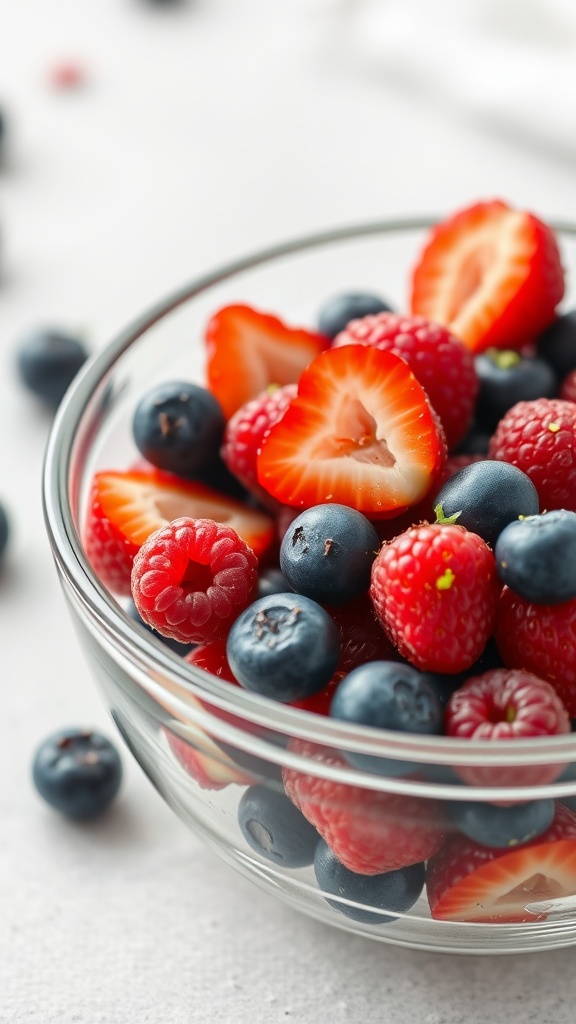 A bowl of mixed berries including strawberries, blueberries, and raspberries with lime zest.