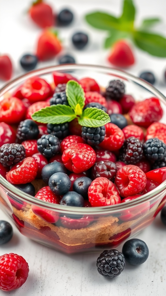 A bowl of berry mixed bread pudding with fresh berries on top.