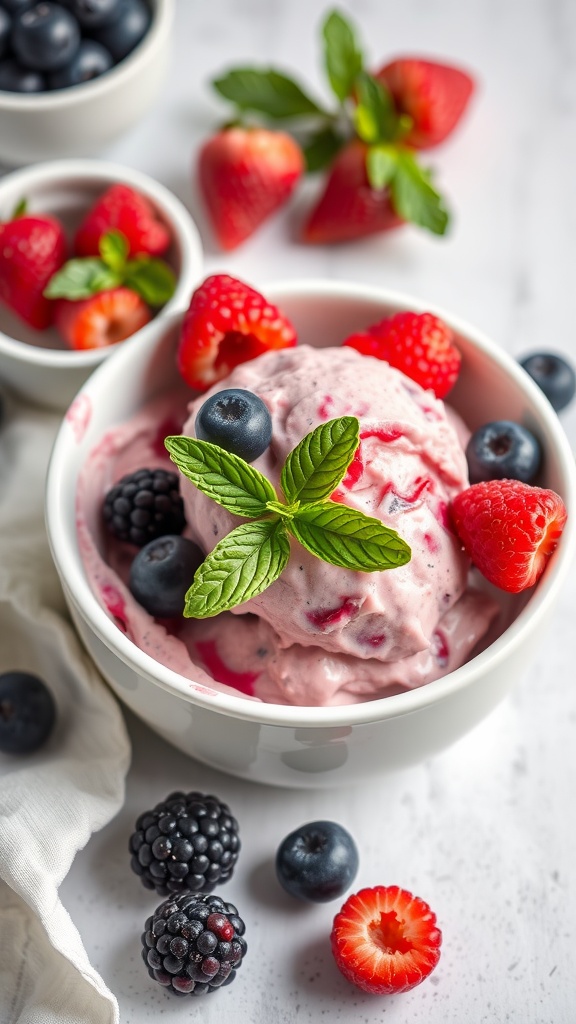 A delicious bowl of berry nice cream topped with fresh strawberries, blueberries, and mint leaves.