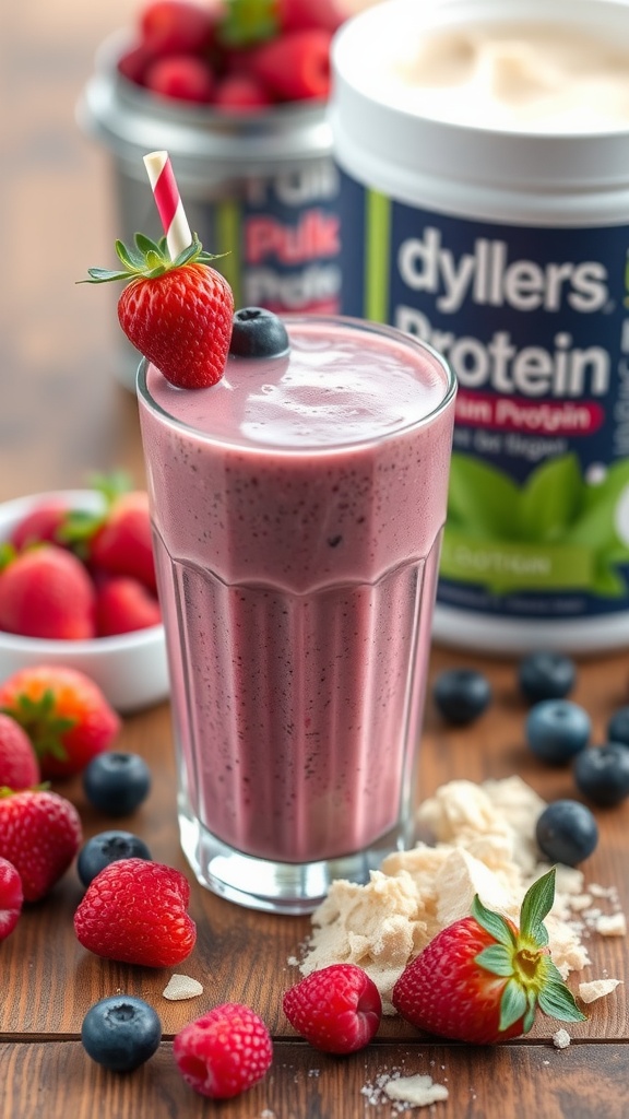 A glass of berry protein smoothie topped with a strawberry and blueberry, surrounded by fresh berries.