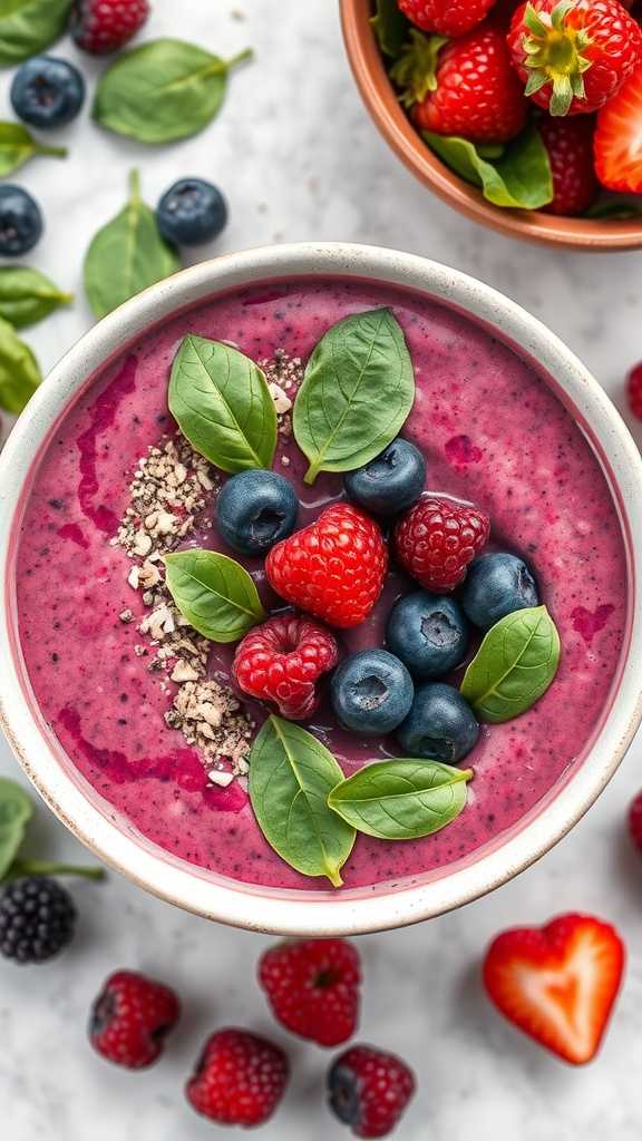 A vibrant berry spinach smoothie topped with fresh berries and spinach leaves.