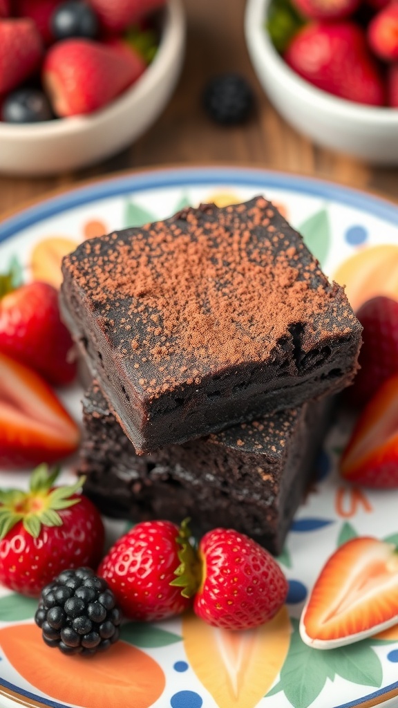 Delicious black bean brownies served with fresh strawberries and blackberries.
