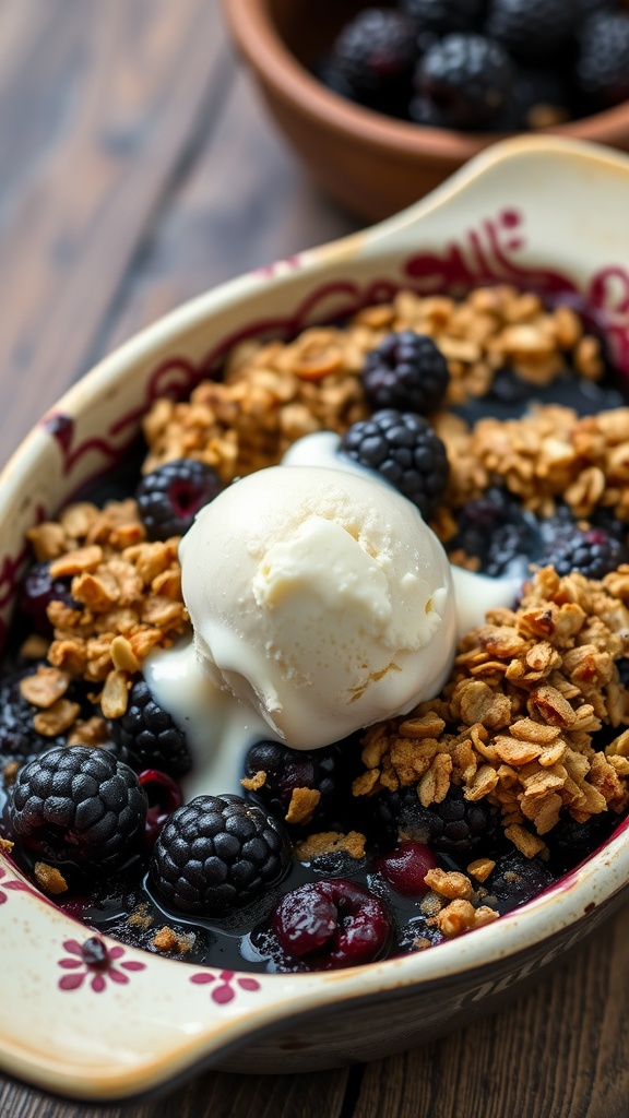 A delicious blackberry crisp with oat topping served in a dish, garnished with a scoop of ice cream.