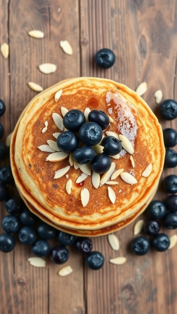 Blueberry Almond Pancakes topped with blueberries and almonds