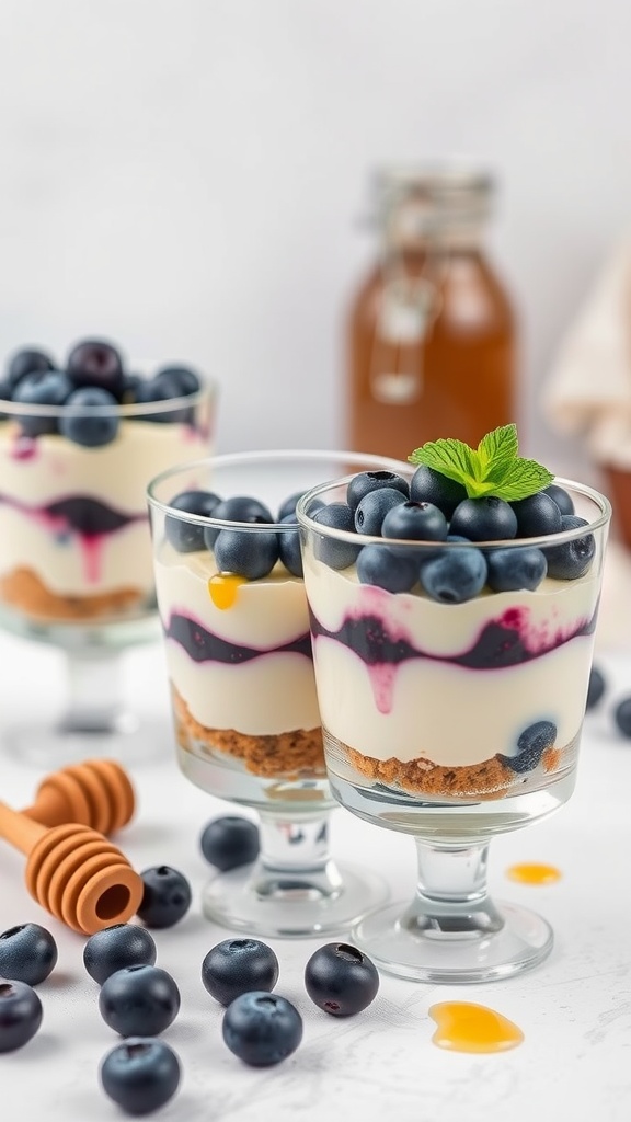 Delicious blueberry cheesecake parfaits served in clear glasses with fresh blueberries and a honey drizzle.