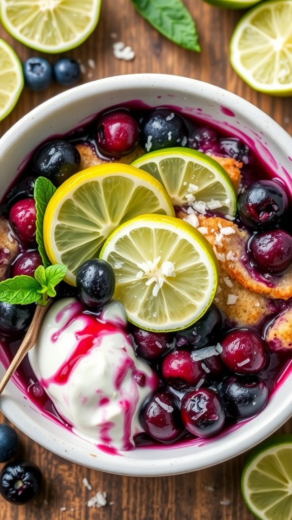 Blueberry cobbler with coconut milk and lime.