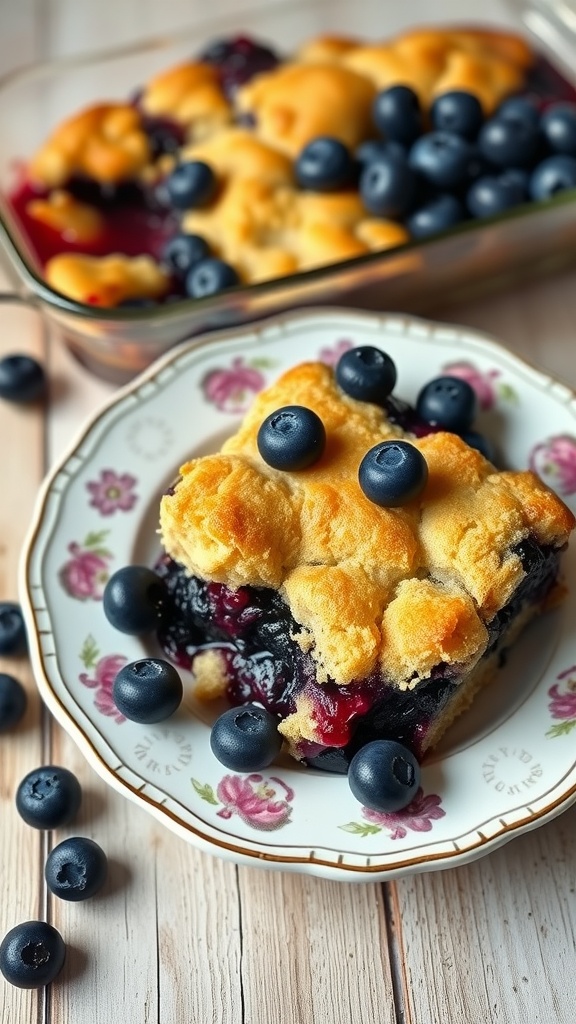 Delicious blueberry cobbler slice topped with fresh blueberries.