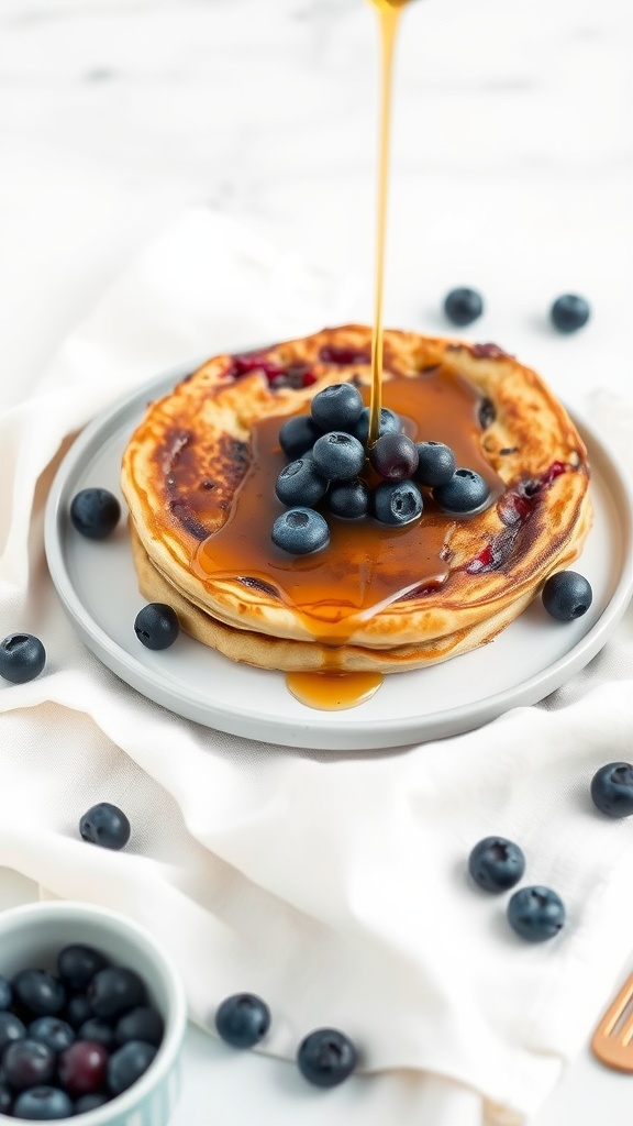 A delicious Blueberry Dutch Baby pancake topped with fresh blueberries and maple syrup.