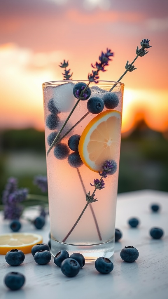 A refreshing glass of Blueberry Lavender Lemonade with blueberries and lavender sprigs.