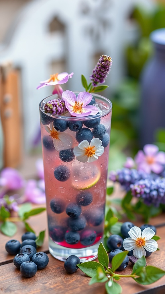 A refreshing Blueberry Lavender Spritz cocktail with blueberries and flowers.