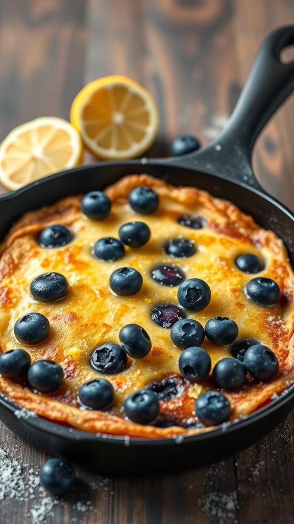 A delicious blueberry lemon German pancake served in a skillet with fresh blueberries and lemon slices.