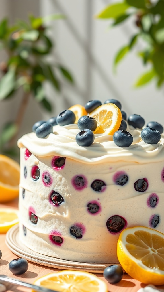 A delicious Blueberry Lemonade Cake with blueberries and lemon slices on top.