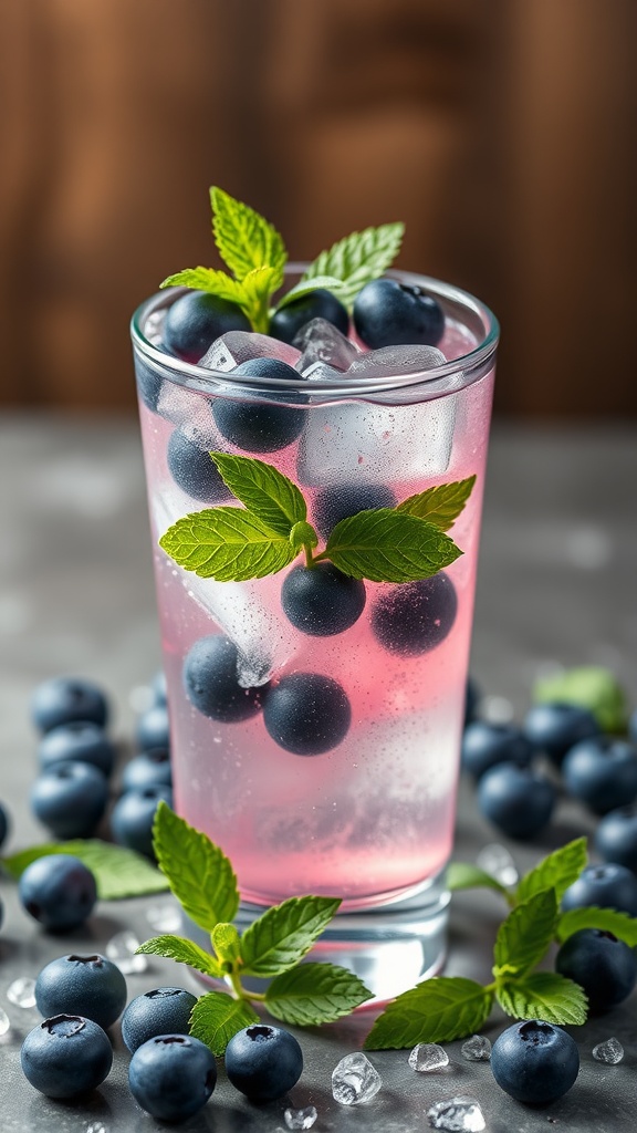 A refreshing Blueberry Mint Cooler in a glass topped with mint leaves and blueberries.