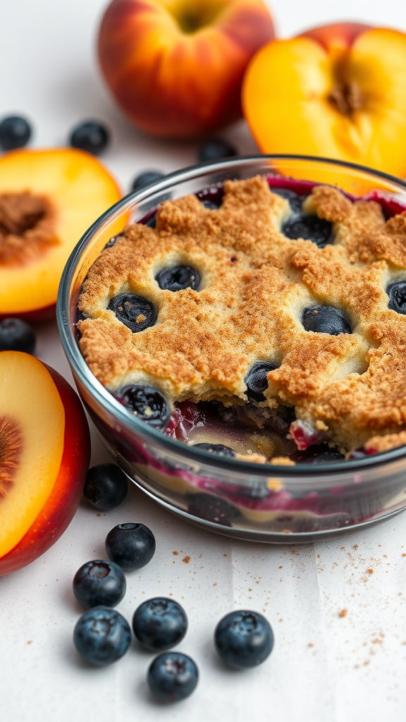 A delicious blueberry peach cobbler with a golden crust and fresh fruits around it.