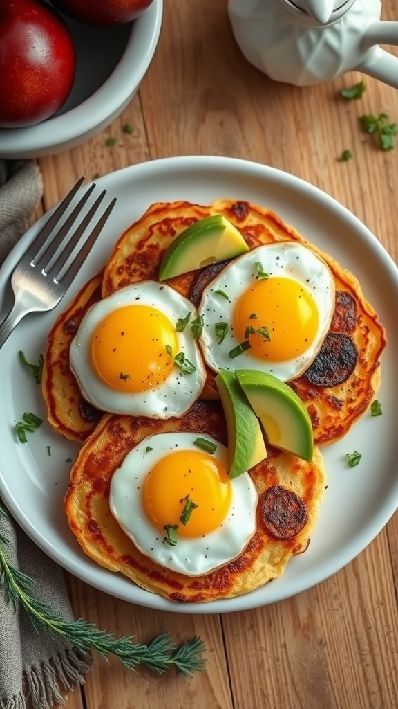 Delicious breakfast potato pancakes topped with eggs and avocado slices