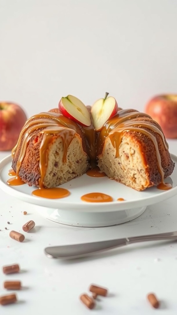 A delicious slice of Caramel Apple Coffee Cake with caramel drizzle.