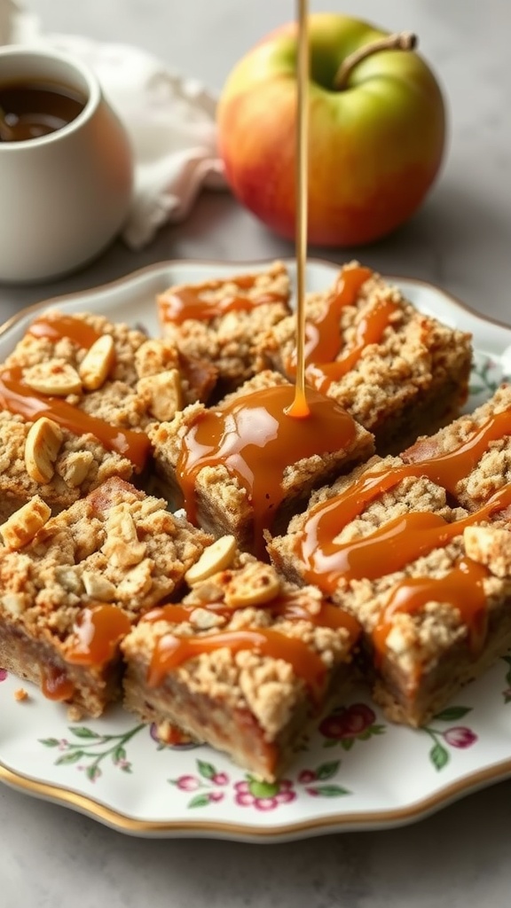 Caramel Apple Crumble Bars with a drizzle of caramel sauce