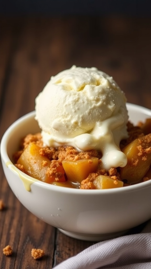 A delicious bowl of caramel apple crumble cobbler topped with ice cream.