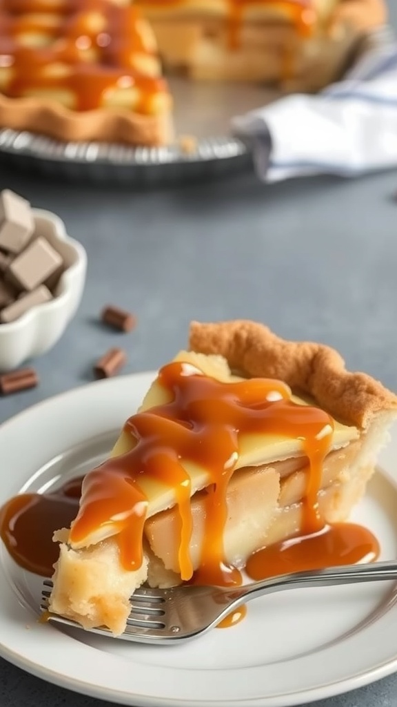 A slice of caramel apple pie with a drizzle of sauce on a plate, showcasing its delicious layers.