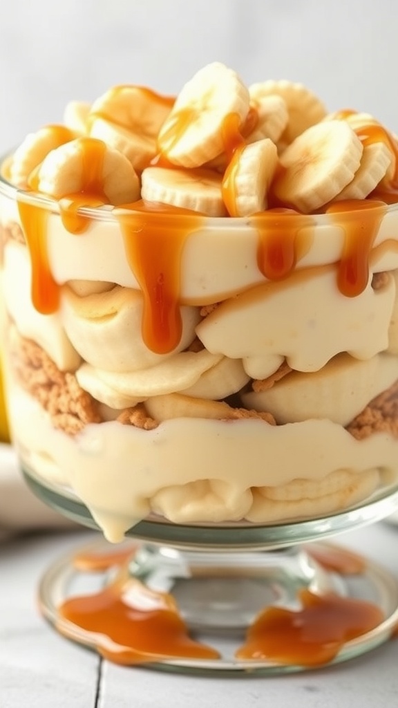 A delicious Caramel Banana Pudding Trifle with layers of bananas, pudding, cookies, and caramel