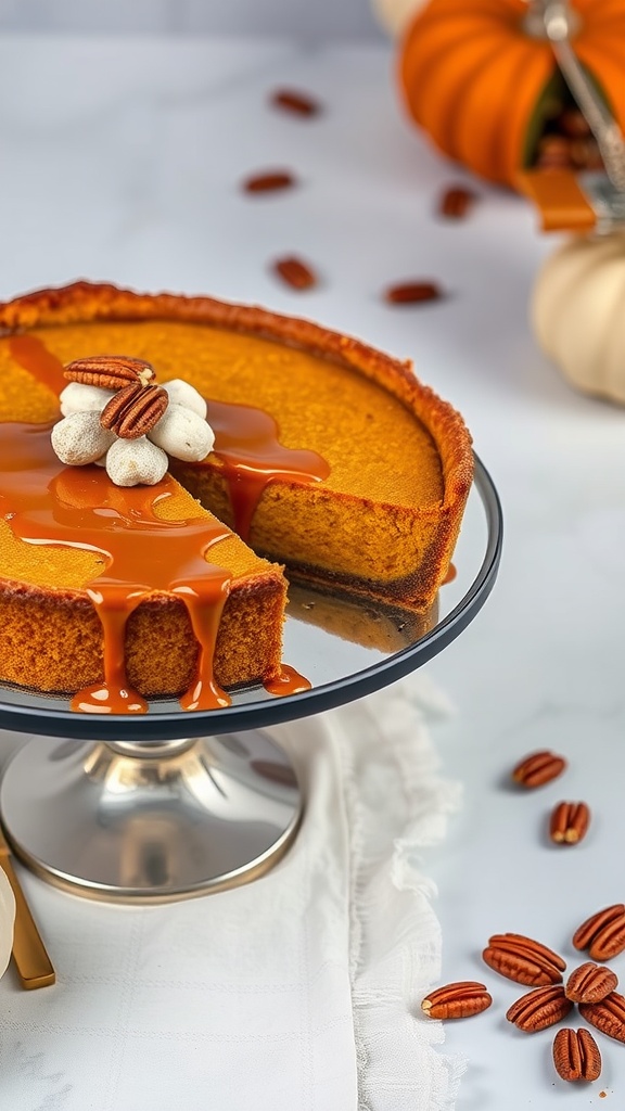 A delicious caramel drizzle pumpkin pie topped with pecans.