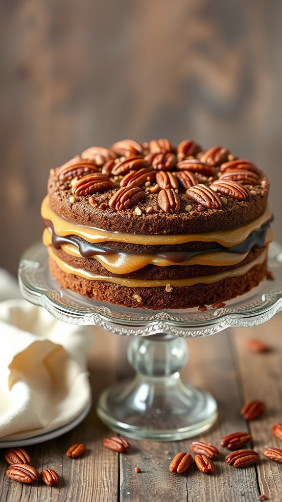 A beautifully layered caramel pecan turtle cake decorated with pecans on top.