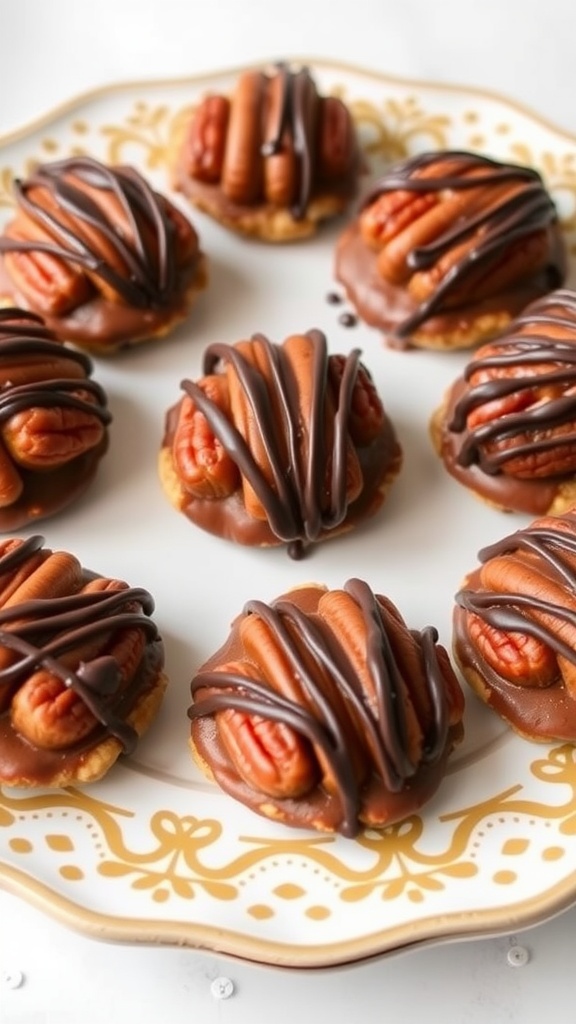 Delicious caramel pecan turtles on a decorative plate.
