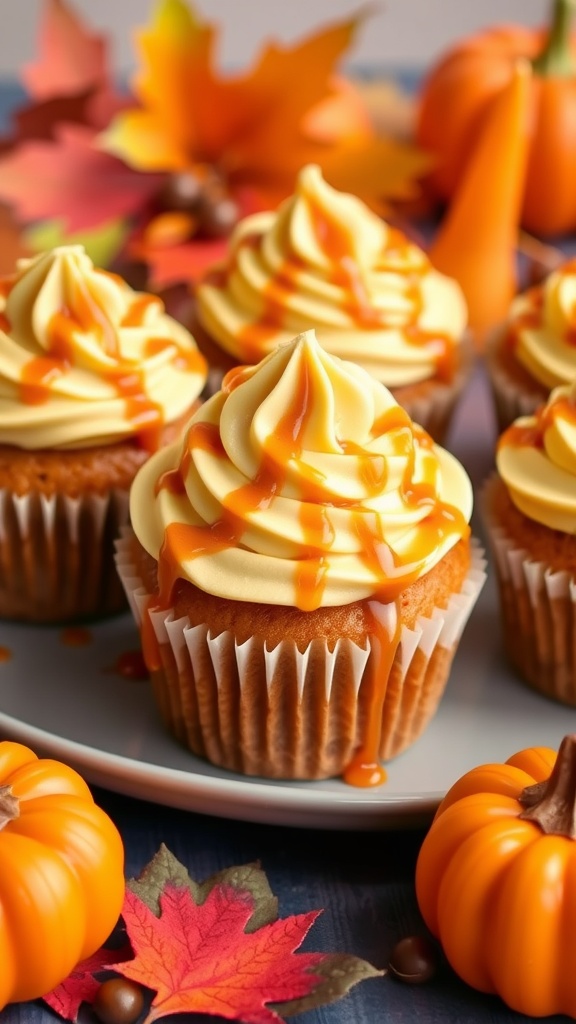 Caramel pumpkin cupcakes with caramel drizzle and mint leaves