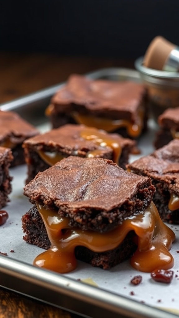 Delicious caramel stuffed brownies with gooey caramel oozing out.