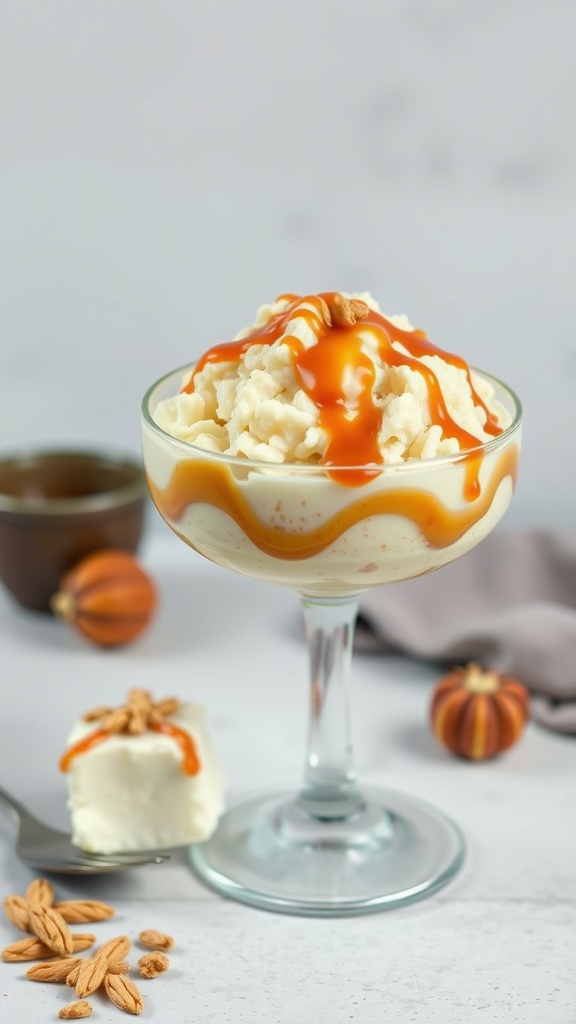 Delicious caramel swirl rice pudding served in a glass dish, topped with caramel sauce and nuts.